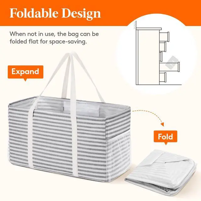 Alt view image 4 of 7 - Extra Large Tote Bag, Reusable Grocery Bags with Metal Wire Frame and Handles, Standing Utility Foldable Shopping Bags for Storage, Picnics, Beach, Laundry, Car, 46L, 1 Pack, Gray