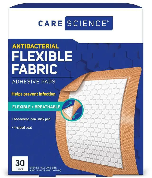 Main image of Care Science Fabric Adhesive Pad Bandages, 3x4 inches Extra Large Flexible Non-Stick Strip, Helps Prevent Infection, Breathable Protection, for First Aid & Wound Care, 30 Count