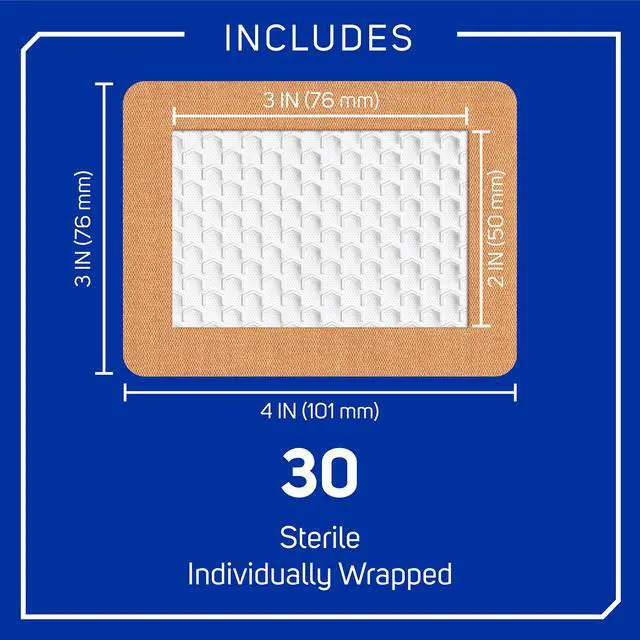 Alt view image 3 of 7 - Care Science Fabric Adhesive Pad Bandages, 3x4 inches Extra Large Flexible Non-Stick Strip, Helps Prevent Infection, Breathable Protection, for First Aid & Wound Care, 30 Count