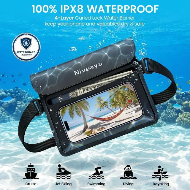 Alt view image 2 of 7 - Niveaya IPX8 Waterproof Fanny Pack, Waterproof Pouch Dry Bag for Beach, Kayaking, Swimming, Boat Travel Cruise Essentials, Waterproof Phone Bag Passport Holder for Women Men(2 Pack)