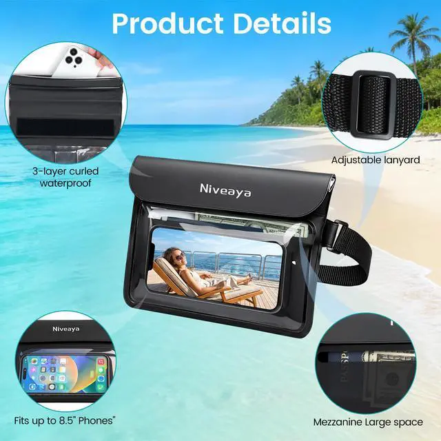 Alt view image 4 of 7 - Niveaya IPX8 Waterproof Fanny Pack, Waterproof Pouch Dry Bag for Beach, Kayaking, Swimming, Boat Travel Cruise Essentials, Waterproof Phone Bag Passport Holder for Women Men(2 Pack)
