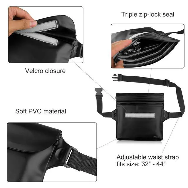 Alt view image 3 of 7 - Waterproof Waist Pouch 2-Pack | Beach Accessories Waterproof Fanny Pack Dry Bag for Swimming Snorkeling Sailing Kayaking Pool Water Parks | Keep Your Phone Wallet Safe and Dry (Black & Black)