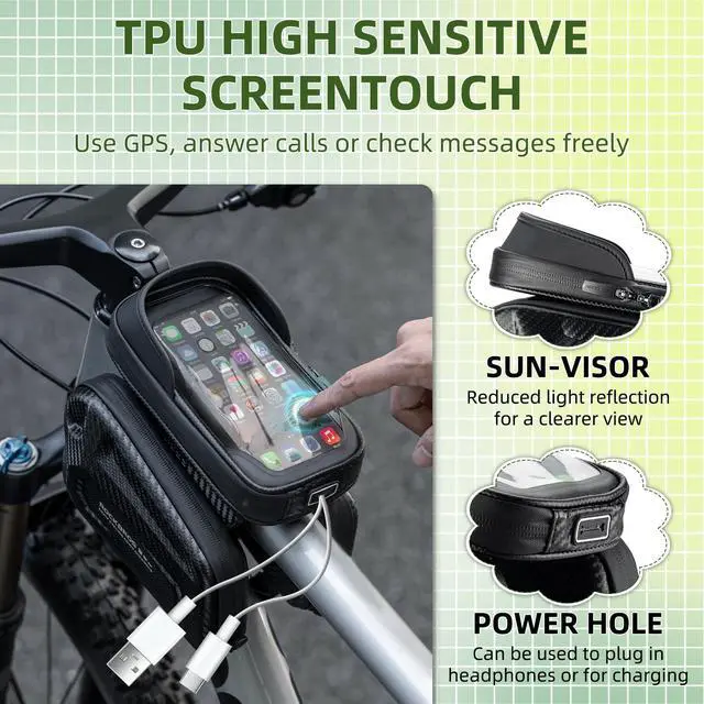 Alt view image 3 of 6 - ROCKBROS Top Tube Bike Bag, Waterproof Bike Frame Bag, 1.3L Capacity Bike Phone Bag with Sun-Visor, TPU Sensitive Touch Screen Bicycle Phone Bag for Cell Phone Below 7.4×4.2