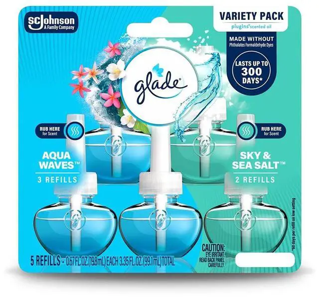 Main image of Glade PlugIns Refills Air Freshener, Aqua Waves and Sky & Sea Salt, Scented and Essential Oils for Home and Bathroom, 0.67 Fl Oz, 5 Count