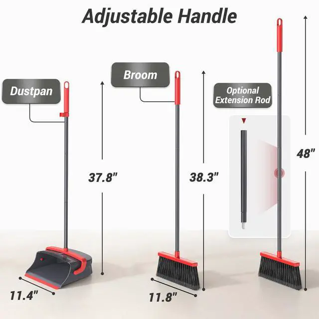Alt view image 2 of 7 - Zeawec Broom with Dustpan Combo Set, Long Handle Upright Standing Self-Cleaning Broom and Dustpan Set for Pet Hair & Dust Cleanup, Indoor Outdoor Use for Home, Kitchen, Office, Red & Gray