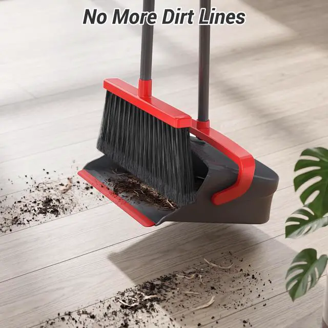 Alt view image 4 of 7 - Zeawec Broom with Dustpan Combo Set, Long Handle Upright Standing Self-Cleaning Broom and Dustpan Set for Pet Hair & Dust Cleanup, Indoor Outdoor Use for Home, Kitchen, Office, Red & Gray