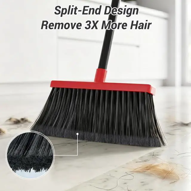 Alt view image 3 of 7 - Zeawec Broom with Dustpan Combo Set, Long Handle Upright Standing Self-Cleaning Broom and Dustpan Set for Pet Hair & Dust Cleanup, Indoor Outdoor Use for Home, Kitchen, Office, Red & Gray