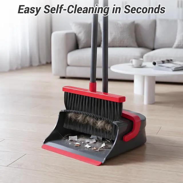 Alt view image 5 of 7 - Zeawec Broom with Dustpan Combo Set, Long Handle Upright Standing Self-Cleaning Broom and Dustpan Set for Pet Hair & Dust Cleanup, Indoor Outdoor Use for Home, Kitchen, Office, Red & Gray