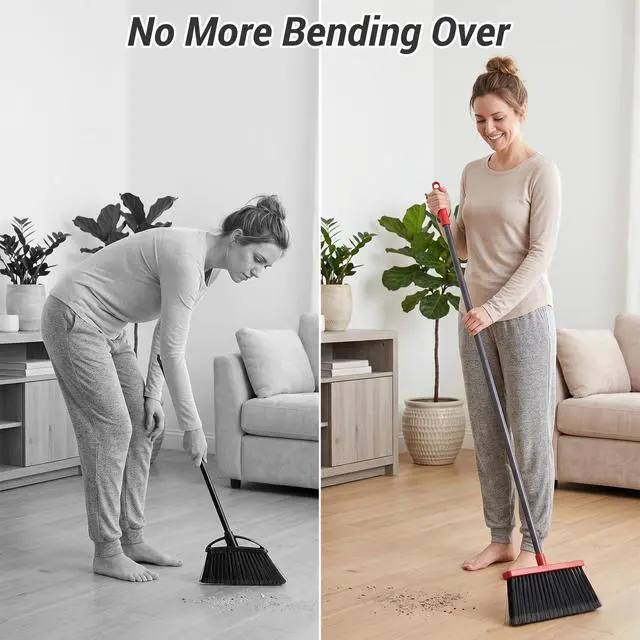 Alt view image 7 of 7 - Zeawec Broom with Dustpan Combo Set, Long Handle Upright Standing Self-Cleaning Broom and Dustpan Set for Pet Hair & Dust Cleanup, Indoor Outdoor Use for Home, Kitchen, Office, Red & Gray