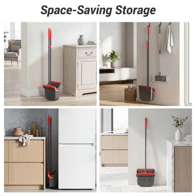 Alt view image 6 of 7 - Zeawec Broom with Dustpan Combo Set, Long Handle Upright Standing Self-Cleaning Broom and Dustpan Set for Pet Hair & Dust Cleanup, Indoor Outdoor Use for Home, Kitchen, Office, Red & Gray