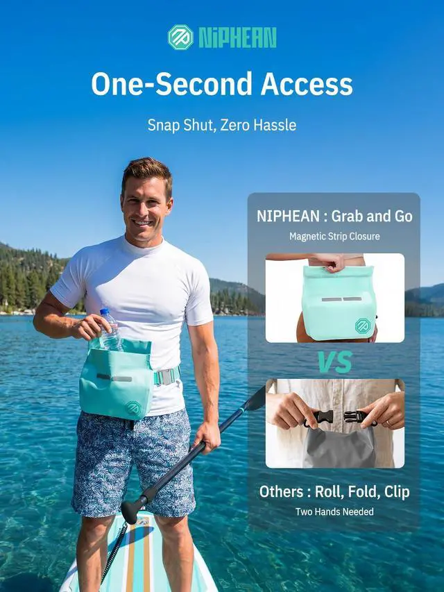 Alt view image 2 of 4 - niphean IPX7 Waterproof Fanny Pack with Magnetic One-Hand Closure, Durable Waterproof Dry Bag, for Kayaking, Paddle Boarding, Beach Cruise Essentials, 2.5L Phone Pouch Dry Bags for Men Women, Mint