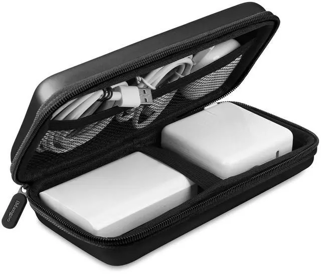 Main image of iMangoo Travel Essential Electronics Organizer Pouch Charger Case Shockproof Dual Zipper Power Bank Cables Tech Accessories Purse, Men & Women Travel Must Have Storage Bag, 8.5x4.5x2 inch Black