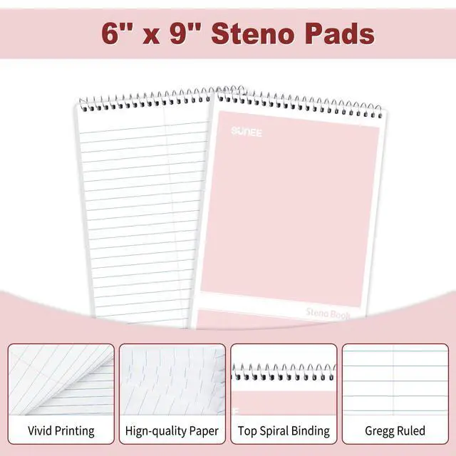 Alt view image 5 of 7 - SUNEE Steno Pads 6x9 6 Pack, Gregg Rule, 60 Sheets, 6 Assorted Color Spiral Notebook 6x9, White Paper, Take Notes with Top Spiral Notebook, for School, University, College, Work, Office