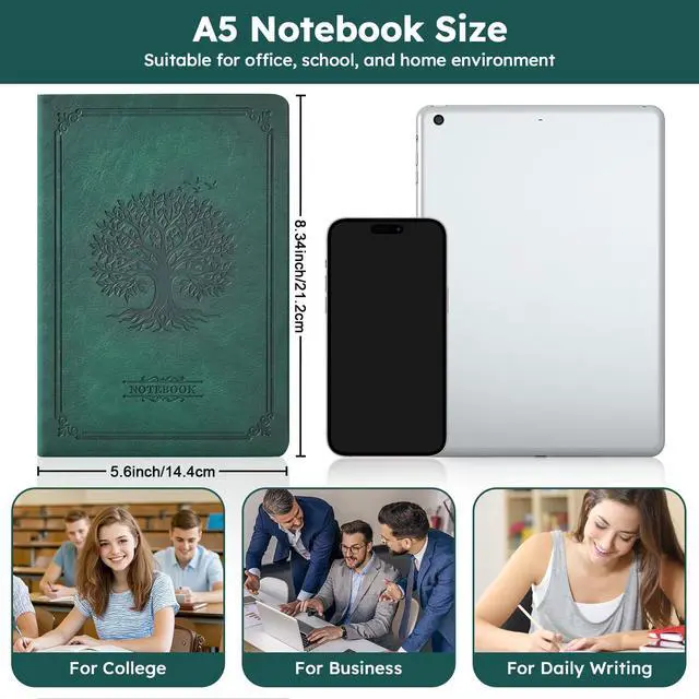 Alt view image 2 of 7 - A5 Journal Notebook for Women Men, 320 Pages Lined Journaling Notebook with 100GSM Thick Paper, Hardcover Leather Note book for Work Writing Note Taking Diary, School, 5.7'' X 8.4'', Green