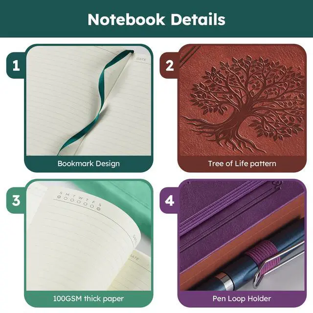 Alt view image 3 of 7 - A5 Journal Notebook for Women Men, 320 Pages Lined Journaling Notebook with 100GSM Thick Paper, Hardcover Leather Note book for Work Writing Note Taking Diary, School, 5.7'' X 8.4'', Green