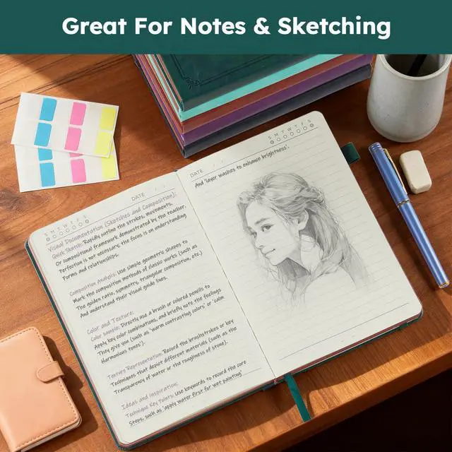Alt view image 6 of 7 - A5 Journal Notebook for Women Men, 320 Pages Lined Journaling Notebook with 100GSM Thick Paper, Hardcover Leather Note book for Work Writing Note Taking Diary, School, 5.7'' X 8.4'', Green