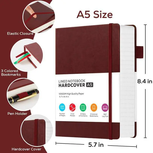 Alt view image 2 of 7 - Lined Thick Journal Notebook for Writing Women Men, 320 Pages, Medium 5.7 inches x 8.4 inches, Hardcover Leather Notebook with 100 gsm Thick Paper, Burgundy