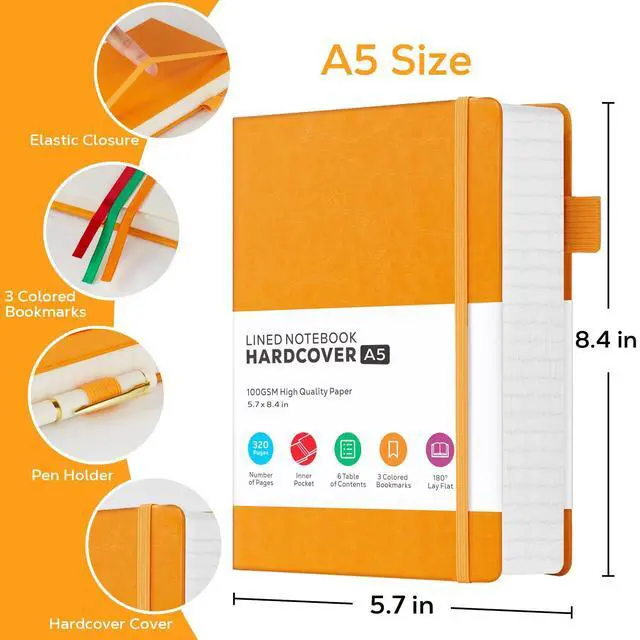Alt view image 2 of 7 - Hardcover Leather Notebooks College Ruled, 320 Pages Notebook Journals for Writing Note Taking Women & Men, A5 (5.7'' X 8.4'') Daily Notebook Journal, Orange