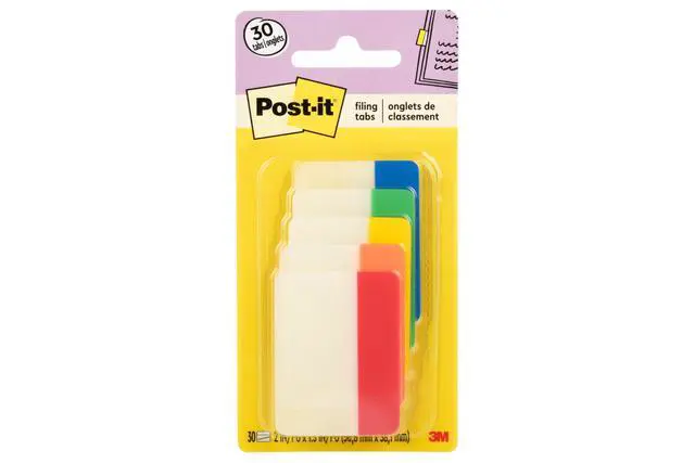Main image of Post-it Sticky Tabs, 2 in. x 1.5 in., 5 Pads of Book Tabs in Assorted Colors for Bookmarking, Annotating, Reading, and Reminders, Yellow, Red, Green, Blue, and Orange Colors (30 Total Count)