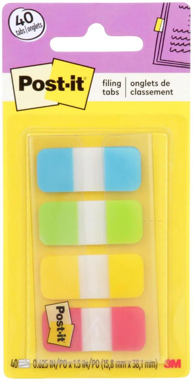 Main image of Post-it Sticky Tabs, 0.625 in x 1.5 in., 4 Pads of Book Tabs in Assorted Colors for Bookmarking, Annotating, Reading, and Reminders, Blue, Green, Yellow, and Red Colors (40 Total Count)