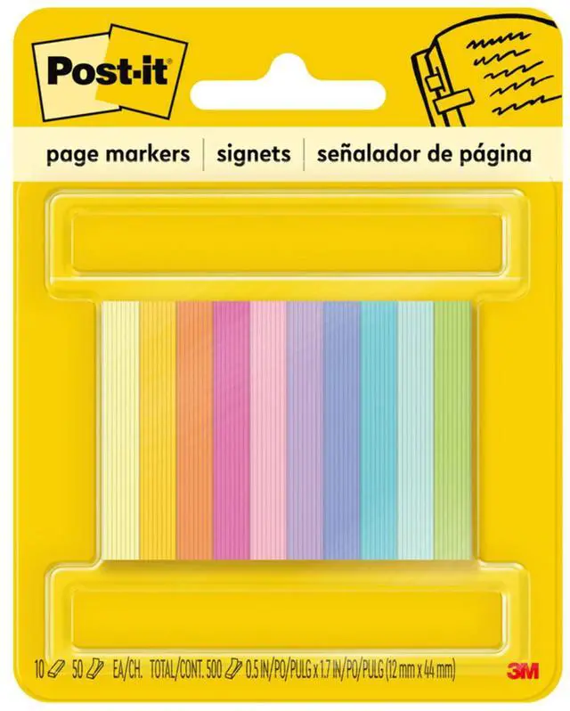 Main image of Post-it Page Markers, Assorted Bright Colors, 1/2 in x 2 in, 50 Markers/Pad, 10 Pads/Pack (670-10AB)