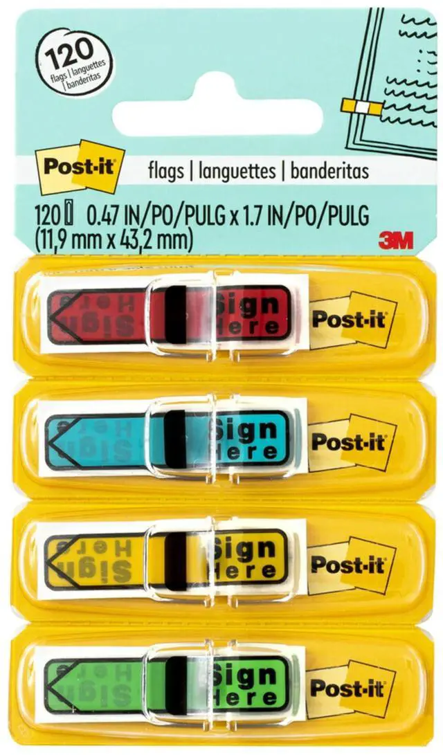 Main image of Post-it Message Flags, Sign Here, .47 x 1.7 in, Assorted Colors, 4 Pack