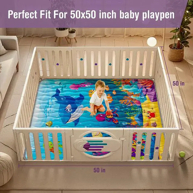 Alt view image 2 of 7 - Baby Play Mat, 50x50 Thickened Playpen Mat, Waterproof & Non-Slip, Foldable Play Mat for Floor, Machine Washable Crawling Mats for Infants & Toddlers, Floor Activity and Playing & Learning, Sea World