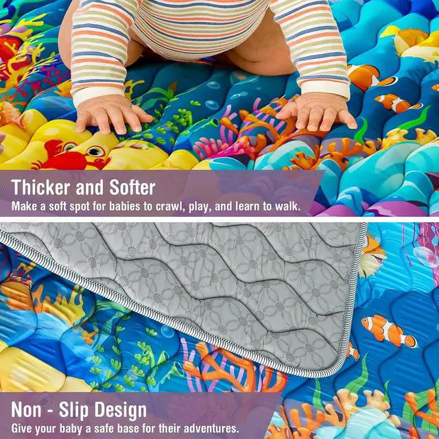 Alt view image 3 of 7 - Baby Play Mat, 50x50 Thickened Playpen Mat, Waterproof & Non-Slip, Foldable Play Mat for Floor, Machine Washable Crawling Mats for Infants & Toddlers, Floor Activity and Playing & Learning, Sea World