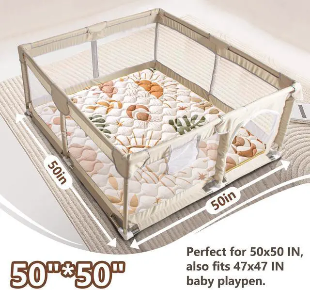 Alt view image 2 of 7 - Beavtaens Baby Play Mat, 50x50 Playpen Mat with Super Soft Touch, Activity Mat with Upgraded Anti-Slip Bottom, Machine Washable Crawling Mat for Floor & Picnic(Boho Nature)