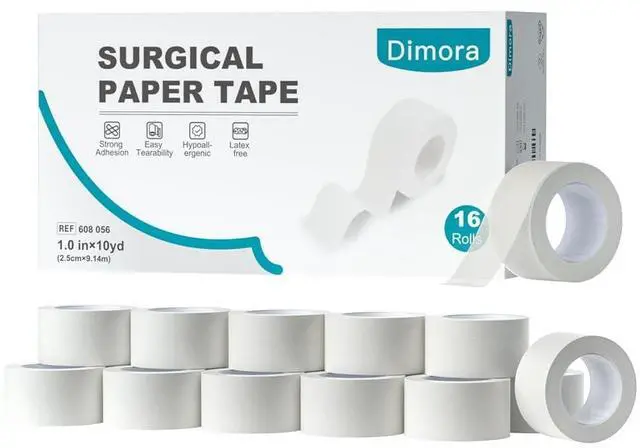 Main image of Dimora Paper Medical Tape 16 Rolls- Hypoallergenic White Surgical Tape for Sensitive SkinBreathable First Aid Wound Tape with Pain-Free RemovalSecures Dressing and Medical Devices -1" x 10 Yards
