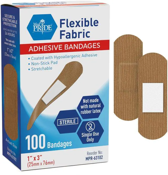 Main image of MED PRIDE Hypoallergenic Latex Free Fabric Adhesive Bandages, Nonstick Pad, Sterile, Individually Wrapped (1'' x 3'' - 100 Count)