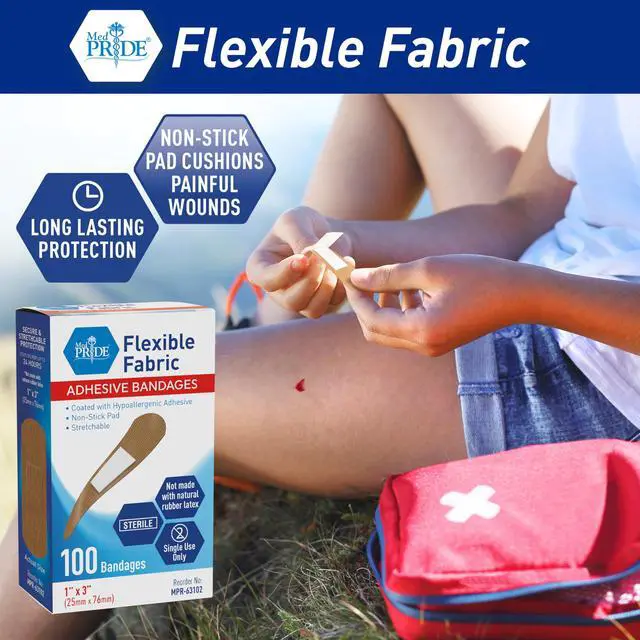 Alt view image 3 of 6 - MED PRIDE Hypoallergenic Latex Free Fabric Adhesive Bandages, Nonstick Pad, Sterile, Individually Wrapped (1'' x 3'' - 100 Count)
