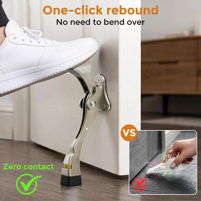 Alt view image 3 of 7 - Gotega Door Stopper, 2 Pack Kickdown Door Stop for Bottom of Door, Adjustable Height and Rubber Tip 4 Inches, Heavy Duty Door Stops, Kickdown Doorstopper, Door Holder, Satin Nickel