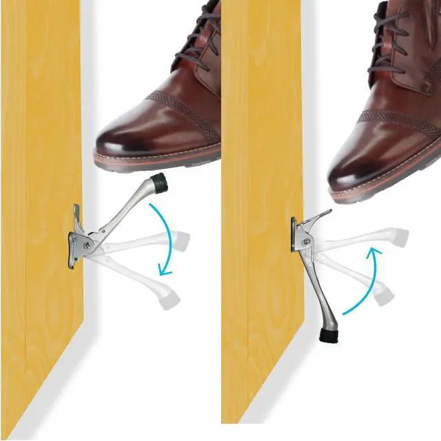 Alt view image 4 of 7 - One Touch Kickdown Door Stopper, Door Holder, Heavy Duty Door Stops, Bottom of Door, Height-Adjustable Rubber Tips by HASHI (Satin Nickel 6 inch x 1pack)