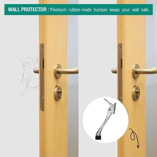 Alt view image 5 of 7 - One Touch Kickdown Door Stopper, Door Holder, Heavy Duty Door Stops, Bottom of Door, Height-Adjustable Rubber Tips by HASHI (Satin Nickel 6 inch x 1pack)