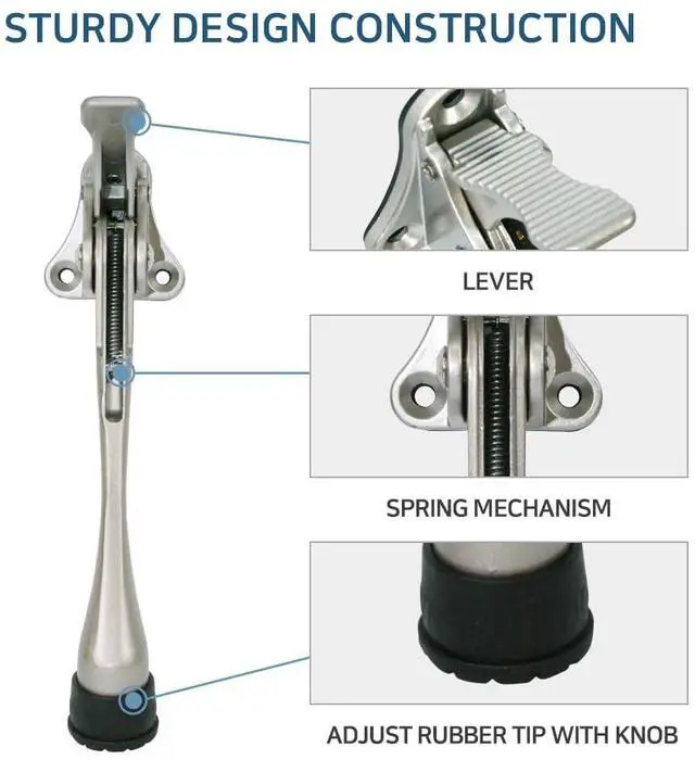 Alt view image 6 of 7 - One Touch Kickdown Door Stopper, Door Holder, Heavy Duty Door Stops, Bottom of Door, Height-Adjustable Rubber Tips by HASHI (Satin Nickel 6 inch x 1pack)