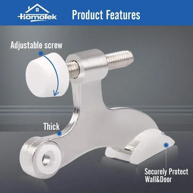 Alt view image 2 of 6 - HOMOTEK 6 Pack Hinge Pin Satin Nickel Door Stopper,Adjustable Deluxe Heavy Duty Door Stopper 2-1/2"x1-3/4",with White Rubber Bumper Tips