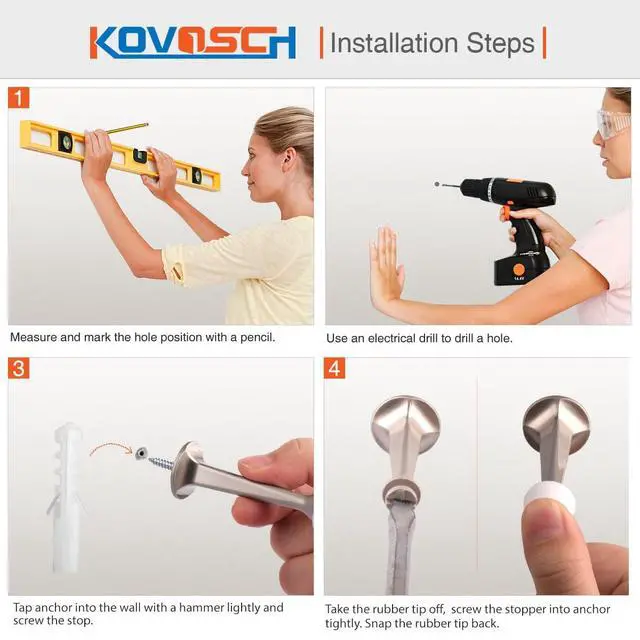 Alt view image 6 of 6 - KOVOSCH 6 Pack Solid Rigid Door Stops - Heavy Duty Door Stoppers Wall Protector with Soft Rubber Tips, Satin Nickel