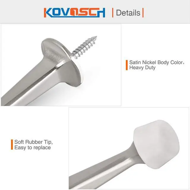Alt view image 4 of 6 - KOVOSCH 6 Pack Solid Rigid Door Stops - Heavy Duty Door Stoppers Wall Protector with Soft Rubber Tips, Satin Nickel