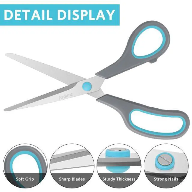 Alt view image 4 of 7 - Asdirne 8.5" Scissors, Stainless Steel Blades, Soft Grip Handle, Suitable for Households,Offices and Schools, All Purpose, Blue/Grey