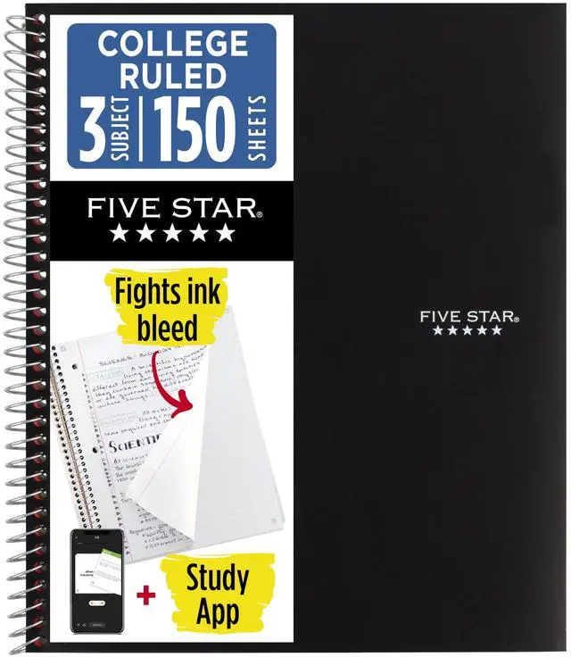 Main image of Five Star Spiral Notebook + Study App, 3 Subject, College Ruled Paper, Fights Ink Bleed, Water Resistant Cover, 8-1/2" x 11", 150 Sheets, Black (72069)