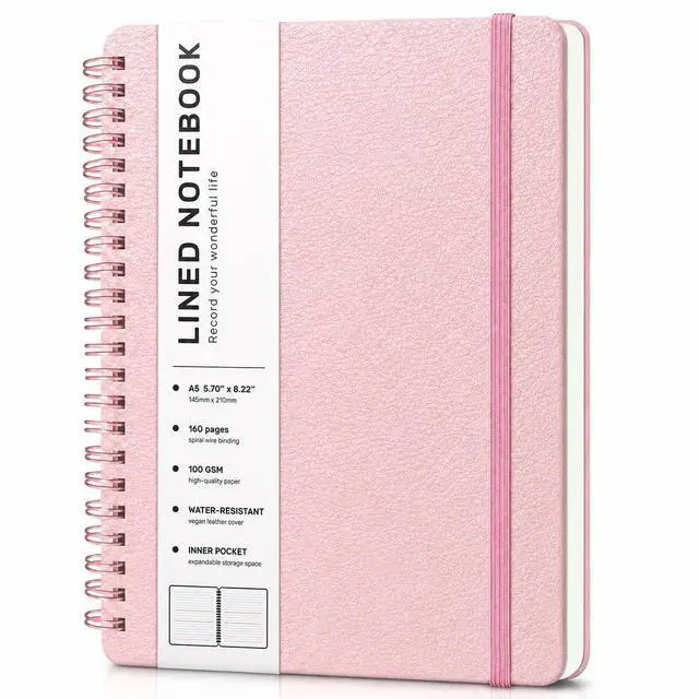 Main image of ABERLLS Lined Spiral Journal Notebook with 160 Pages, 8×5.7in, A5 Spiral Notebook, Journaling Notebooks for Work, School, Women, Men, College Ruled Spiral Notebook, Hardcover Leather Journals, Pink