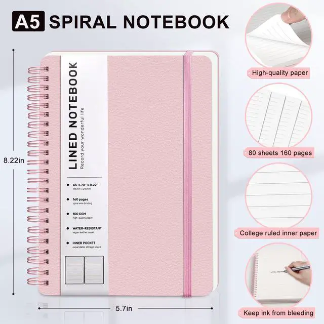 Alt view image 2 of 7 - ABERLLS Lined Spiral Journal Notebook with 160 Pages, 8×5.7in, A5 Spiral Notebook, Journaling Notebooks for Work, School, Women, Men, College Ruled Spiral Notebook, Hardcover Leather Journals, Pink