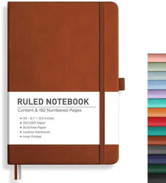 Main image of RETTACY Lined Journal Notebook, 192 Numbered Pages, A5 Medium Size (5.7'' x 8.3''), for Men & Women, Journaling, Writing, Work & Office, Leather Hardcover, 100 GSM Thick Paper (Brown)