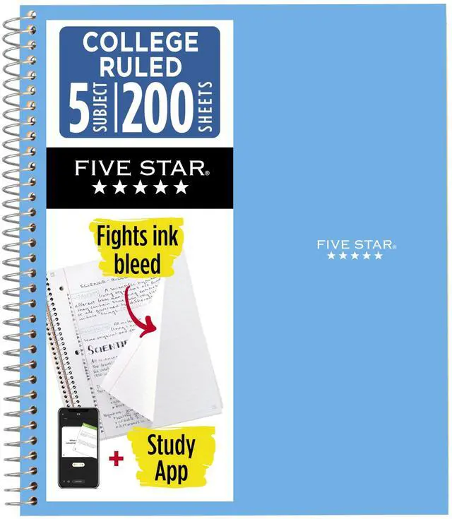 Main image of Five Star Spiral Notebook + Study App, 5 Subject, College Ruled Paper, 8-1/2" x 11", 200 Sheets, Fights Ink Bleed, Water Resistant Cover, Pacific Blue (73635)