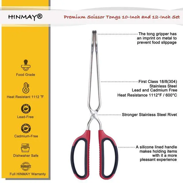 Alt view image 2 of 7 - HINMAY Stainless Steel Scissor Tongs 10-Inch and 12-Inch Set, Set of 2