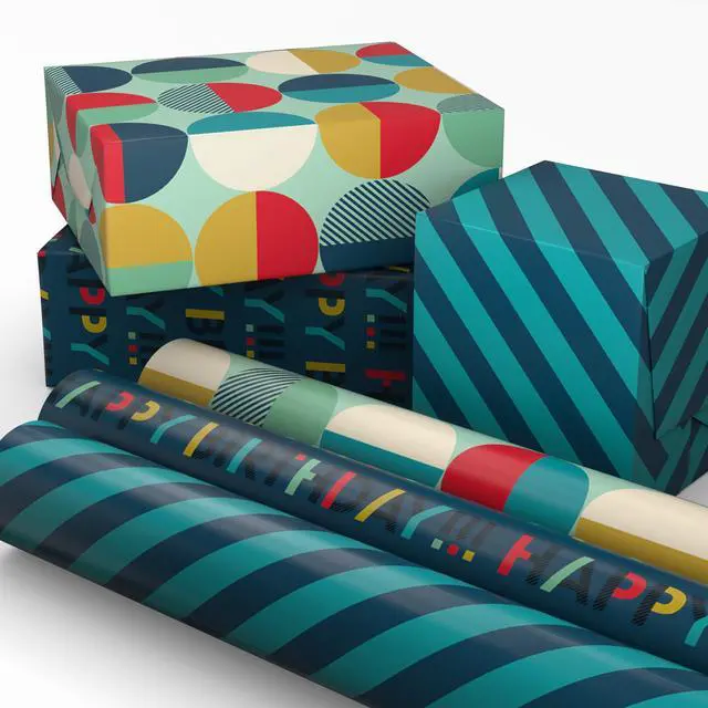 Main image of Hallmark Birthday Wrapping Paper Mini Rolls, 3-Pack (Navy Blue and Teal Stripes, Orange and Yellow Mod Circles) for Graduations, Father's Day, Easter, Any Occasion - 60 Sq. Ft. Total