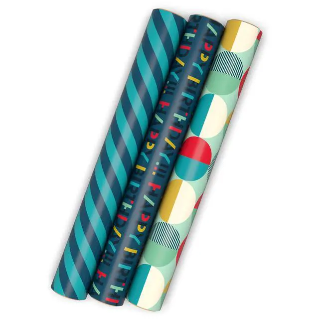 Alt view image 2 of 7 - Hallmark Birthday Wrapping Paper Mini Rolls, 3-Pack (Navy Blue and Teal Stripes, Orange and Yellow Mod Circles) for Graduations, Father's Day, Easter, Any Occasion - 60 Sq. Ft. Total