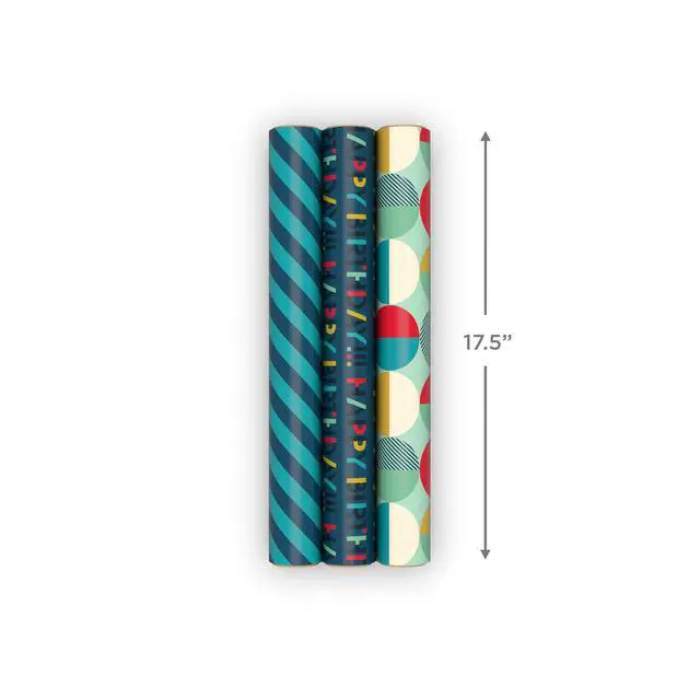 Alt view image 4 of 7 - Hallmark Birthday Wrapping Paper Mini Rolls, 3-Pack (Navy Blue and Teal Stripes, Orange and Yellow Mod Circles) for Graduations, Father's Day, Easter, Any Occasion - 60 Sq. Ft. Total