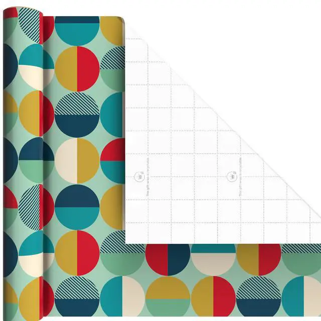Alt view image 7 of 7 - Hallmark Birthday Wrapping Paper Mini Rolls, 3-Pack (Navy Blue and Teal Stripes, Orange and Yellow Mod Circles) for Graduations, Father's Day, Easter, Any Occasion - 60 Sq. Ft. Total